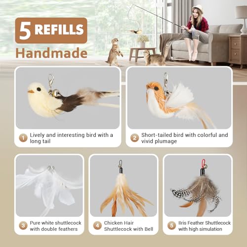 ROSAUI Cat Teaser Wand Toys, Interactive Bird Toys for Indoor Kittens, 42.15’’ Long Cat Fishing Pole Toys, 2Pcs Wires and 5Pcs Natural Refills, Sustainable Wooden Handles, Exercising, Playing