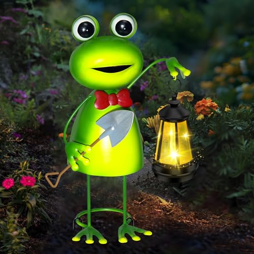 Solar Garden Lights 13.78in Tall Metal Frog Statue with Solar Lantern Decor | Big Frog decor,Birthday Gifts for Women Mom,Fairy Garden Accessories Decorative Stakes for Home decor,Patio,Porch,Yard Art