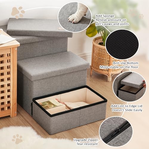Love's cabin Dog Stairs for High Bed 18" H, Foldable Pet Stairs for Small Medium or Large Dogs Puppy with Storage for Bed or Couch, Cat Dog Steps Ramp with Zip up to 200 lbs, Solid Grey, 3 Steps