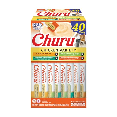 INABA Churu Cat Treats, Lickable, Squeezable Creamy Purée Cat Treat with Green Tea Extract & Taurine, 0.5 Ounces Each Tube, 40 Tubes, Chicken Variety Box