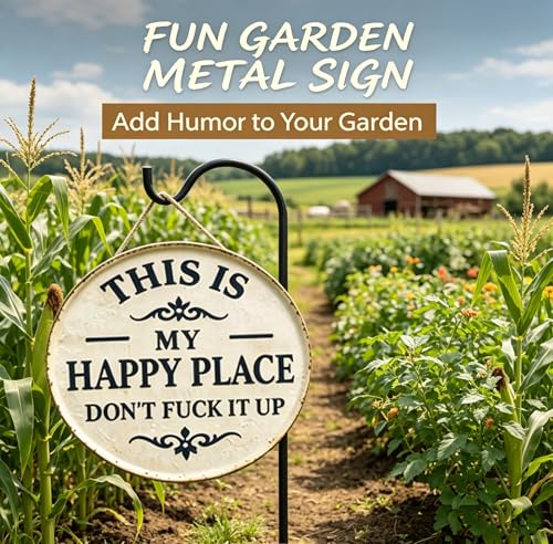 Funny Garden Metal Sign -"This Is My Happy Place Don't F*ck It Up Vintage Decor, Farmhouse Outdoor Art,Welcome Round Sign for Home Garden Farm Bar or Coffee Wall Decor (11.8 * 11.8in)