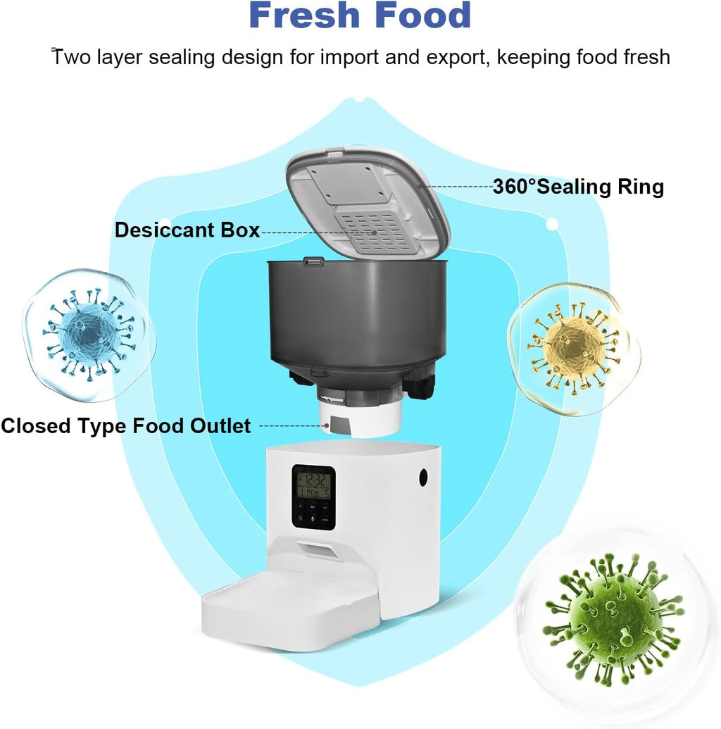 Automatic Cat Feeder, 4L Cat Food Dispenser with 10s Voice Recorder, Pet Feeder up to 8 Meals per Day, Timed Dog Feeder with Dry Food Sealed Ring (White, 4L-Basic)