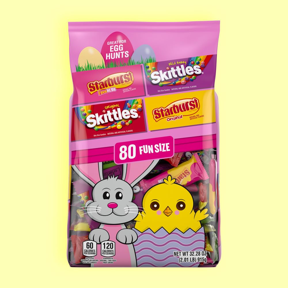 SKITTLES & STARBURST Mixed Funsize Variety Bag Stand Up Pouch, Easter Candy Bulk for Filling Eggs, Easter Basket Stuffers, 32.28 Ounce Bag