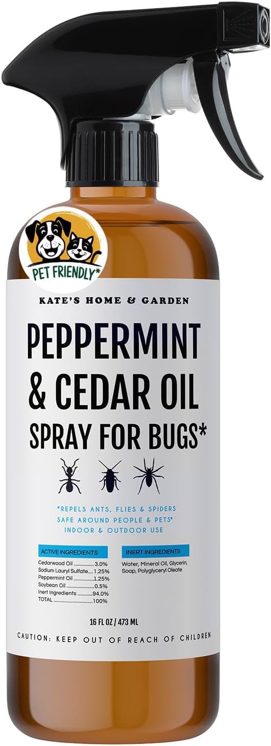 Kate's Home & Garden Peppermint Oil Spray for Bugs, Ants, Spiders (16oz) | Natural, Non Toxic, Pesticide and Insecticide Indoor Repellent Pest Control with Cedar Oil for Insects, Roaches, Stink Bug