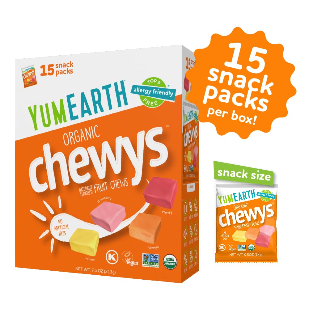 YumEarth Organic Chewys Fruit Flavored Candy Chews - Allergy Friendly, Gluten Free, Non-GMO, Vegan, No Artificial Dyes - Assorted Flavors, 7.5 oz.