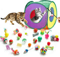 Retro Shaw 33 Pack Cat Toys for Indoor Cats, Collapsible Kitty Tunnel Tent with Feather Teaser Wand, Springs Balls Bell Mouse Interactive Kitten Hideaway Playhouse 15.7 Inches