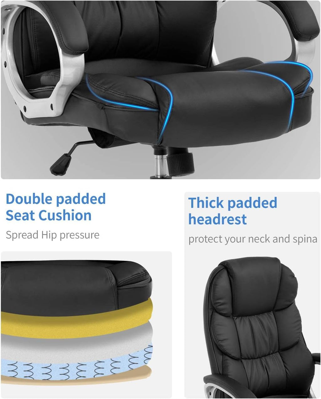FDW Office Chair Computer High Back Adjustable Ergonomic Desk Chair Executive PU Leather Swivel Task Chair with Armrests Lumbar Support (Black)