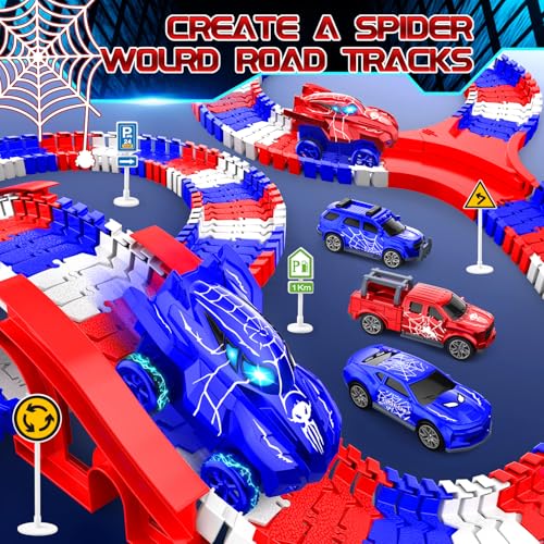 Spider Toys for Boys 4-6, Spider Race Track with 5 Cool Spider Cars Toys for Kids Boys Toddler, Flexible Car Tracks for Age 3 4 5 6 7 8 Year & Up Old Boy Girls Birthday Gifts