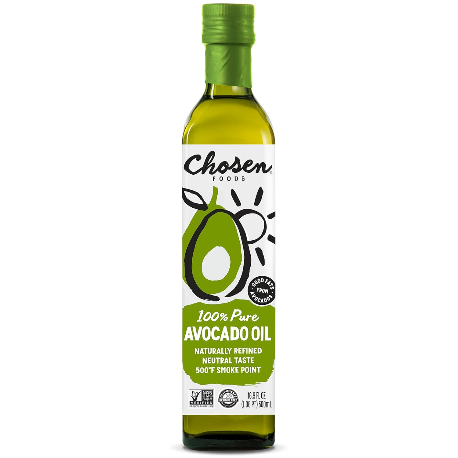 Chosen Foods Avocado Oil, 16.9 Fl Oz - All Purpose Cooking Oil made from 100% Pure Avocados - Non-GMO, Gluten-Free, Keto Friendly, Glyphosate Free - 500mL (Pack Of 1)