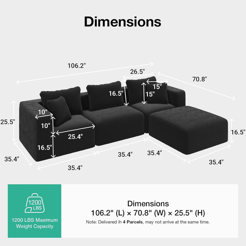Novilla 106" Modular Sectional Sofa, Modern Cloud Sectional Couch with Smarts Coil Support, L-Shape Boneless Couch for Living Room Apartments Bedroom, No Assembly Required (3 Seater + 1 Ottoman)