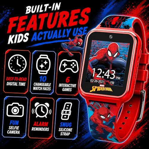 Accutime Marvel Spider-Man Red Educational Touchscreen Smart Watch Toy for Boys, Girls, Toddlers - Selfie Cam, Learning Games, Alarm, Calculator, Pedometer, and More (Model: SPD4588AZ)