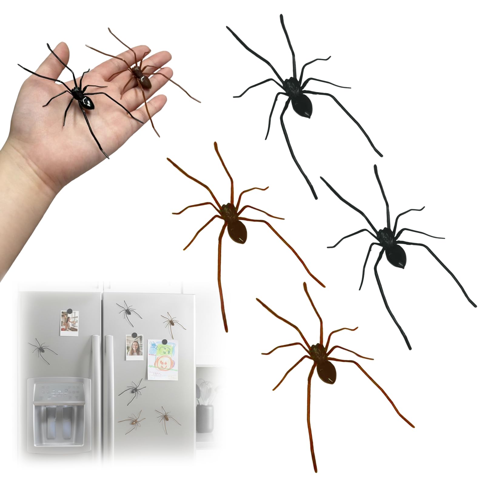 4PCS 3D Spider Fridge Magnet, Realistic Spider Magnets - Cute Removable Magnetic Decals for Refrigerator, Car, Garage Door, Indoor Outdoor Decor, The for Lovers of Unique Decor (Black)