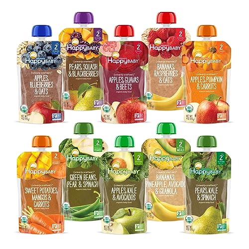 Happy Baby Organics Stage 2 Baby Food Pouches, Gluten Free, Vegan & Healthy Snack, Clearly Crafted Fruit & Veggie Puree, Fruit & Veggie Variety Pack, 4 Ounces (Pack of 10),  Exclusive