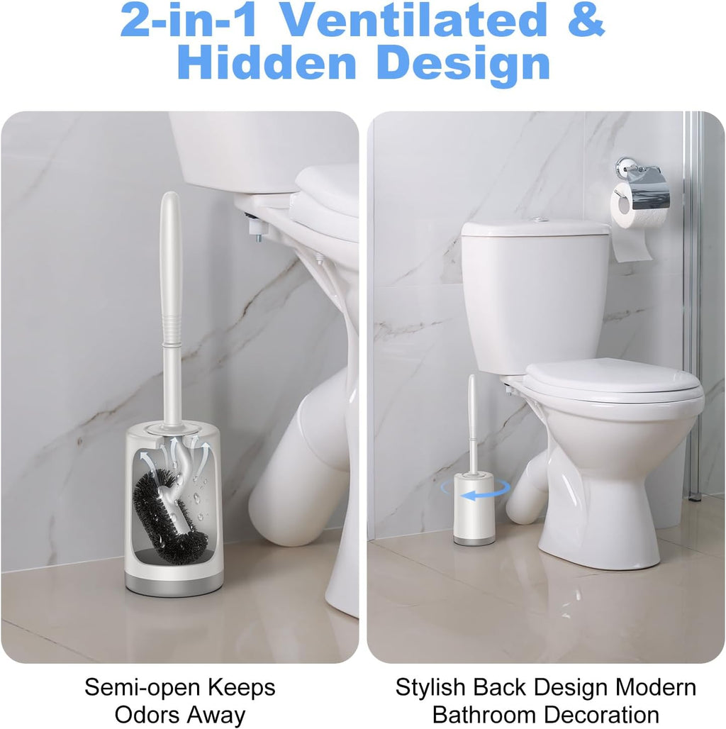 HAMITOR Toilet Bowl Brush Holder Set: Curved Design with Holder for Deep Cleaning Under Rim - Compact Hidden Scrubber for Small Space - Modern RV Bathroom Accessories - White