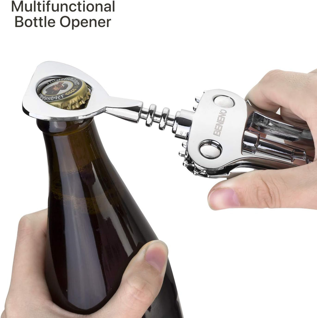 Beneno Wine Opener, Zinc Alloy Premium Wing Corkscrew with Multifunctional Bottles Opener, Sharp Wine Corkscrew with Ergonomic Non-Slip Wing Handle, Silver