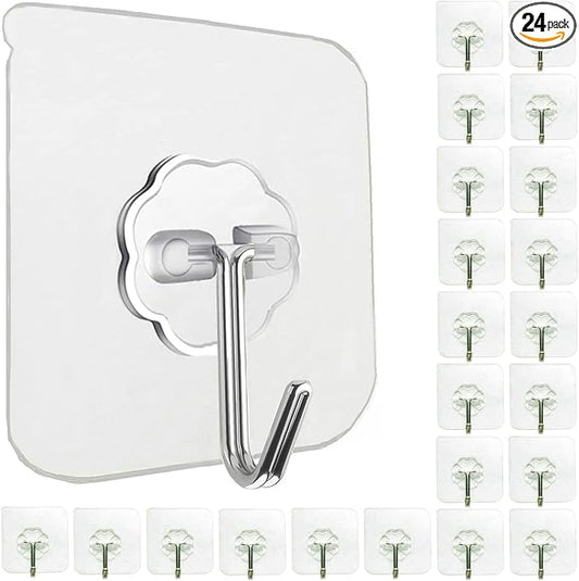 Jwxstore 24 Pack Self Adhesive Hooks Heavy Duty - 33lb Max, Transparent, Waterproof, Sticky Wall Hooks for Keys, Bathroom, Shower, Outdoor, Kitchen, Door, Home Improvement, Utility Hooks