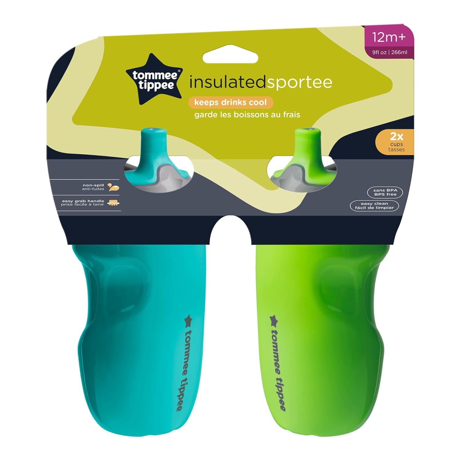 Tommee Tippee Insulated 9oz Sporty Spout Toddler Water Bottle, No Spill, Sippy Cups for Toddlers 1-3, Two-Piece Valve Helps Stop Spills, Green & Teal, BPA Free, Pack of 2