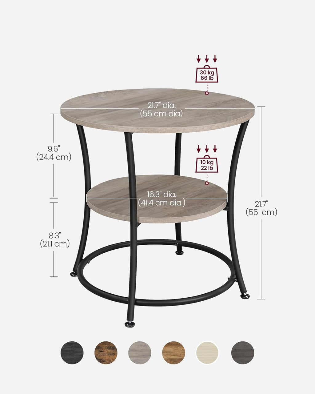 VASAGLE Side Table, 2-Tier Round End Table, Nightstand with Steel Frame for Small Spaces, Living Room, Bedroom, Heather Greige and Ink Black