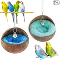 2 Pcs Natural Coconut Shell Bird Nest House Bed Breeding Nesting Anti-Pecking Bite with Warm Pad and Bell for Bird Parrot Budgie Parakeet Cockatiel Conure Lovebird Canary Finch