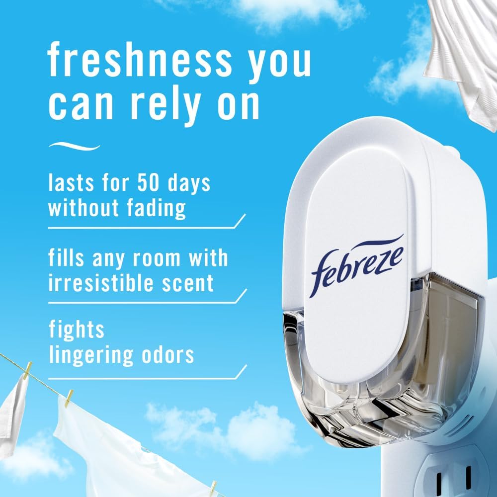 Febreze Plug In Air Freshener, Odor-Fighting Scented Oil Refill, Air Fresheners for Home and Bathroom and Kitchen, Long Lasting for Strong Odors, Linen & Sky Scent, 0.87oz Refills, 3 Count (Pack of 1)