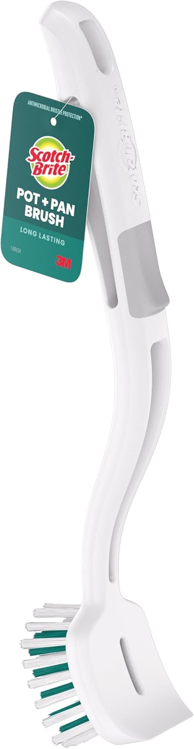 Scotch-Brite Pot + Pan Brush, Durable and Long Lasting Dish Brush with Handle for Scrubbing Stainless Steel, Outdoor Furniture, and Sinks without Scratching, Antimicrobial, and Rinses Clean