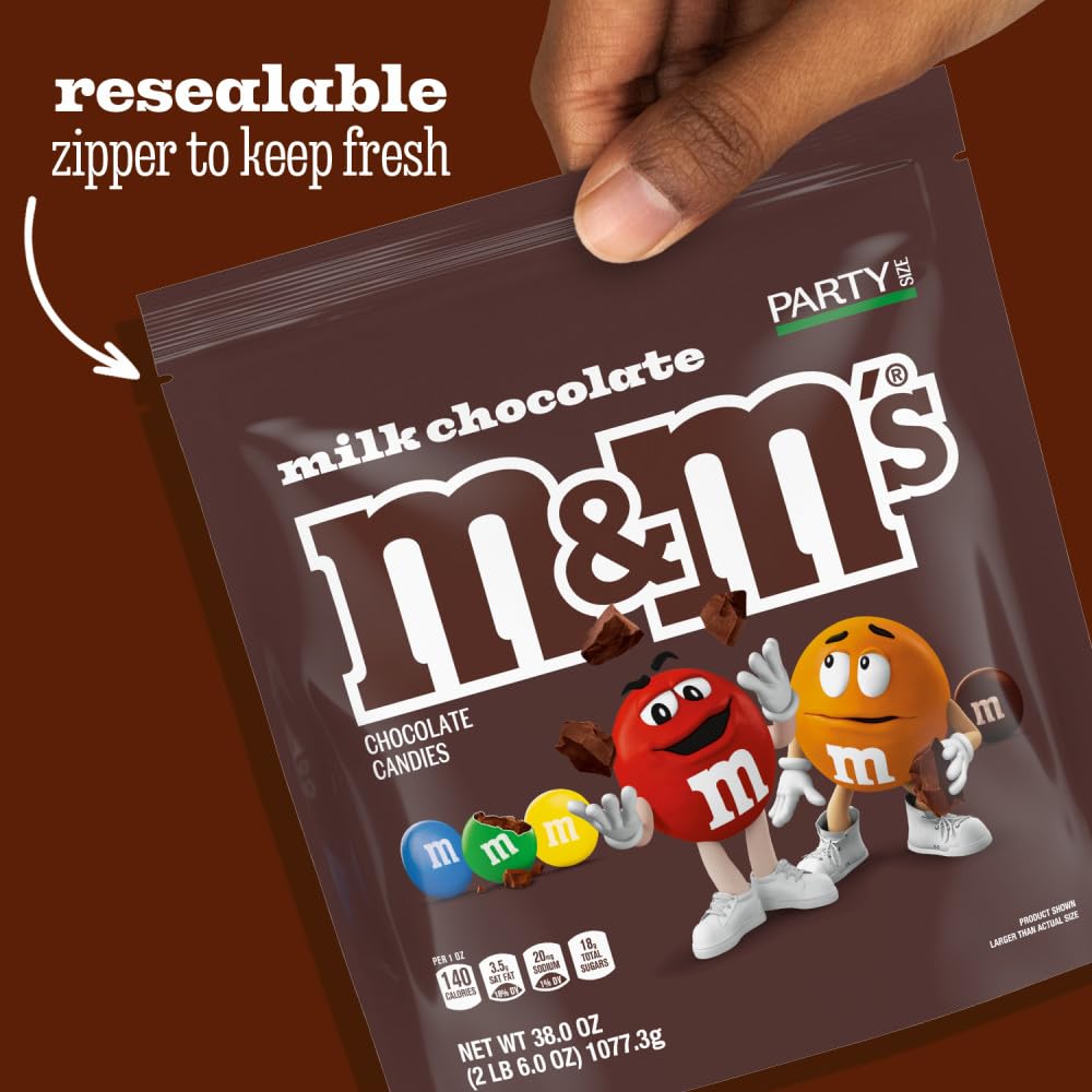 M&M'S Milk Chocolate Candy, Party Size, 2.4 lb Resealable Bag for Parties, Baking & Sharing