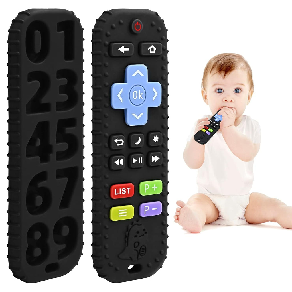 Teething Relief Teethers Toys for Babies 3-6-12 Months Gifts, Food Grade Silicone Sensory Baby Remote Control Teether Bath Toy for Newborn Infant Boy Girl Autism Birthday Gift, Black