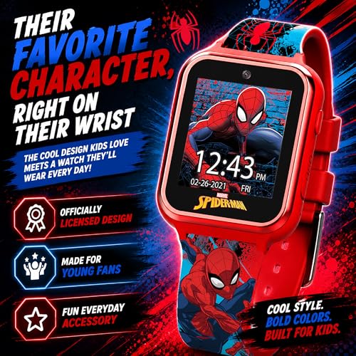 Accutime Marvel Spider-Man Red Educational Touchscreen Smart Watch Toy for Boys, Girls, Toddlers - Selfie Cam, Learning Games, Alarm, Calculator, Pedometer, and More (Model: SPD4588AZ)