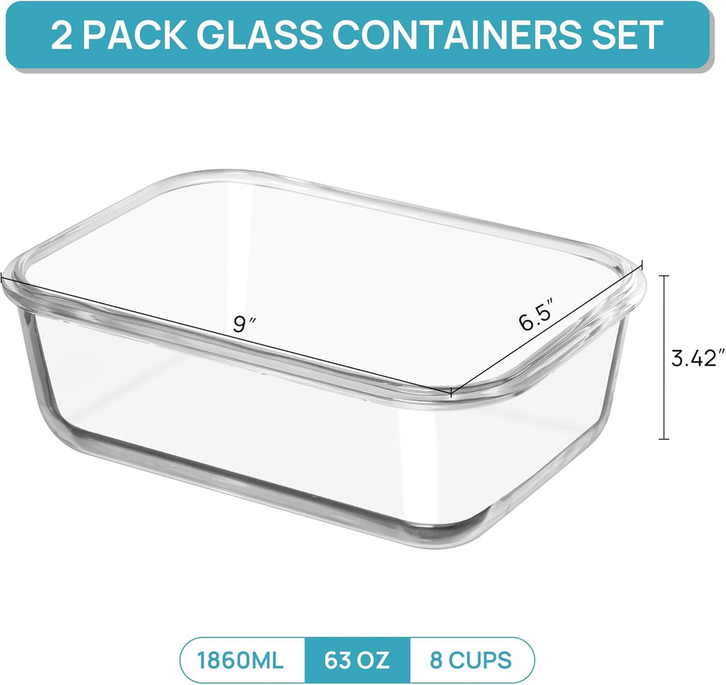 Vtopmart 2Pack 1860ml/63oz Large Glass Storage Containers with Lids, Meal Prep Food Container Set with Snap Airtight Lid for Baking, Microwave, Oven, Leak Proof, for Freezer, Dishwasher, Grey