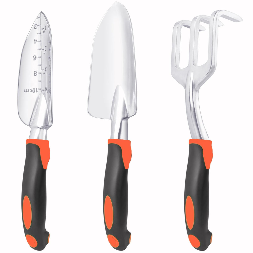 Garden Tools Set, 3 Pack Heavy Duty Gardening Tools Set Include Garden Shovel, Transplant Trowel and Hand Rake with Ergonomic Handle, Aluminum Alloy Lawn for Planting, Orange