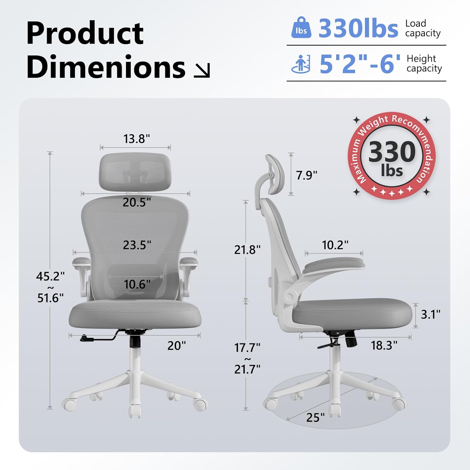 Ergonomic Office Chair M903, Computer Desk Chair with Wheels, High Back Mesh Office Chair with Adjustable Lumbar Support, Headrest, Flip-Up Armrests, Withe Grey