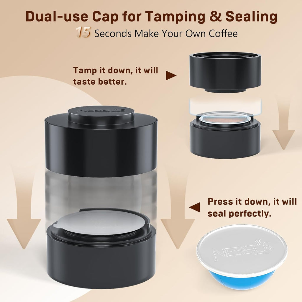 Nessus Reusable Kit for Nespresso Pods Vertuo, Reuse Old Coffee Pods for Nespresso Vertuo: 100 Pcs Aluminum Foil Seal Lid, Holder, Brush, Refillable Vertuo Plus Next Capsule Machine(No Pods Come)