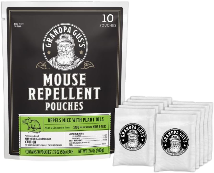 Grandpa Gus’s Extra-Strength Mouse Repellent Pouches, Peppermint & Cinnamon Oil, Natural Rodent Deterrent Control for Garage, RV, Car, Basement, Attic, Storage, 1.75 Oz (Pack of 10)