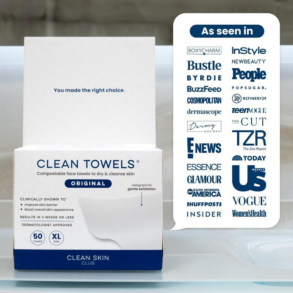Clean Skin Club Clean Towels XL™, 100% USDA Biobased Face Towel, Disposable Face Towelette, Eczema Association Accepted, Makeup Remover Dry Wipes, Ultra Soft, 100 Ct, 2 Pack