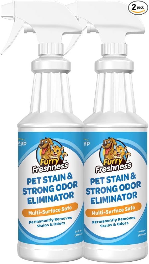 FurryFreshness Extra Strength Cat or Dog Pee Stain & Permanent Odor Remover + Smell Eliminator -Removes Stains From Pets & Kids Including Urine or Blood- Lifts Old Carpet Stains- (2 Pack)