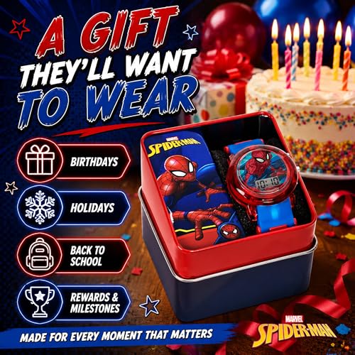 Marvel Spider-Man Kids' LCD Watch – Flashing LED Bullet Band, Digital Time Display, Red & Blue Design, Durable Plastic Case, Adjustable Silicone Strap – Fits Wrists 5.5" to 8"