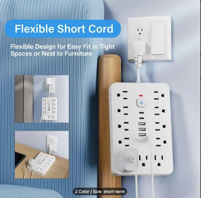 Surge Protector Power Strip,17-in-1, 11 AC Outlets with 4 USB & 2 Type-C Ports, 12-Inch Cord, White, This Compact Powerhouse Delivers Comprehensive Charging Solutions for All Your Devices.