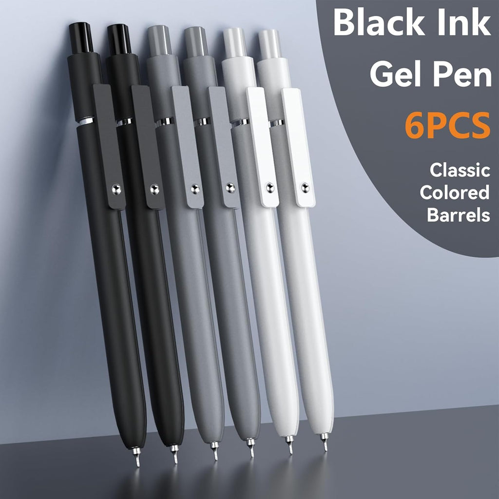 Gel Pens, 6 Pcs 0.5mm Fine Point Black Ink Pen With Smooth Writing, Office Desk Accessories, Writing Supplies Gifts for Men Women, Quick Dry Pens Ballpoint For Journaling, Black/Gray/White