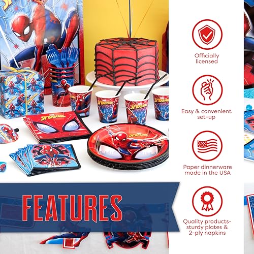 Spiderman Birthday Decorations | Spiderman Party Supplies | Serves 16 Guests | Marvel Superhero Spidey and His Amazing Friends | Table Cover, Spider Man Banner, Plates, Napkins, Masks and Button |