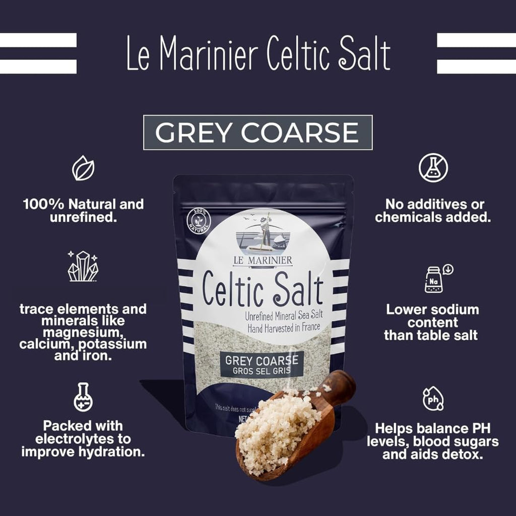 Le Marinier Celtic Salt Organic Grey Coarse, 1.1lb - 18oz. Mineral Rich 100% Natural and Unrefined French Sea Salt Organic. Hand Harvested Mineral Sea Salt, Sel Gris (1.1lb Grey Coarse)