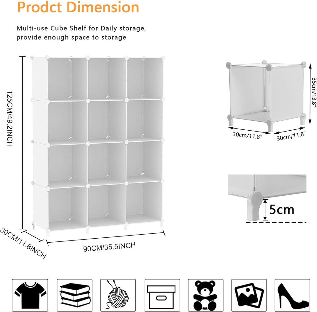 AWTATOS Cube Storage Organizer Storage 12 Cube Bookshelf DIY Plastic Closet Clothes Storage Shelves with Wooden Mallet, Stackable Storage Solution for Home, Bedroom, White