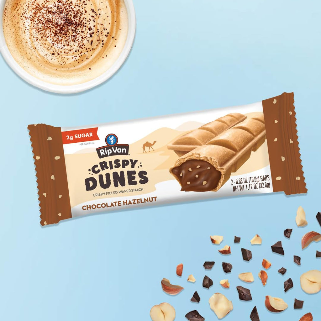 Rip Van Crispy Dunes Vegan Chocolate Hazelnut Wafer Sticks – Low-Calorie Keto Snack with Hazelnut Cream Filling, 90 Calories, Non-GMO, Prebiotic Fiber - 12 Pack