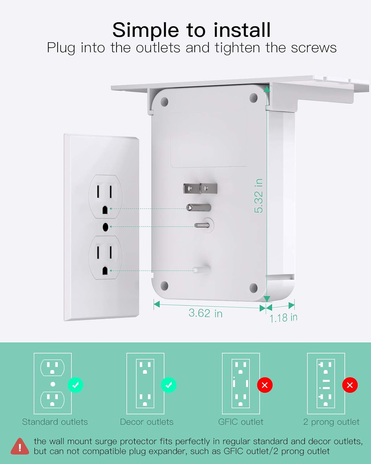 Wall Outlet Extender with Surge Protector, 6 AC Outlets, Shelf, 2 USB & USB C Charging Ports - Home & Dorm Plug Expander