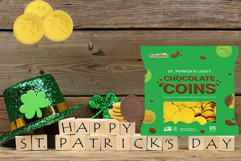 St. Patrick's Day 25 Milk Chocolate Coins Lucky Gold Coins Foils, Shamrock Clover Leprechaun Premium Belgian Milk Chocolate Coins Bag Nut-Free (25-Pack)