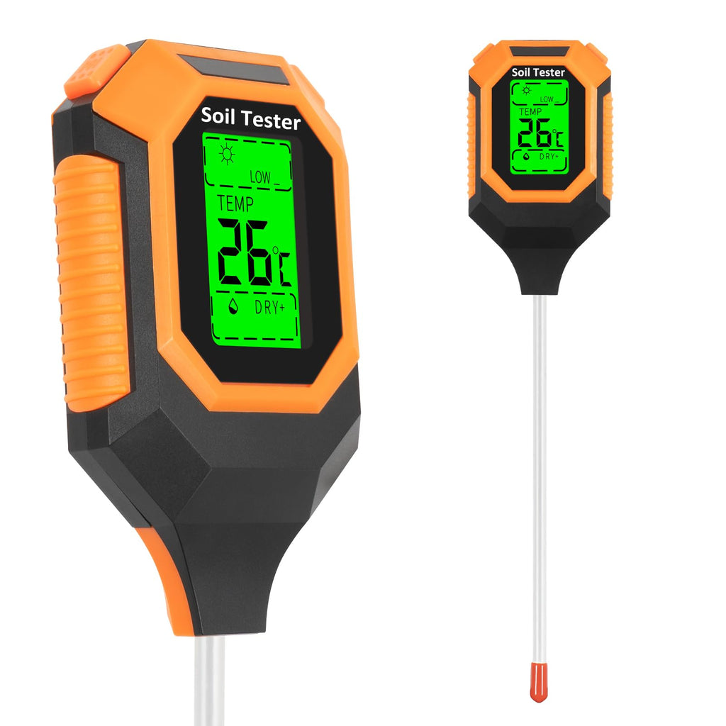 4-in-1 Soil Moisture Meter Digital PH Meter/Soil Moisture/Plant Temperature/Sunlight Intensity, Backlight LCD Display, Soil Test Meter for Garden, Lawn, Plant Care, Farm and Indoor Outdoor Plants