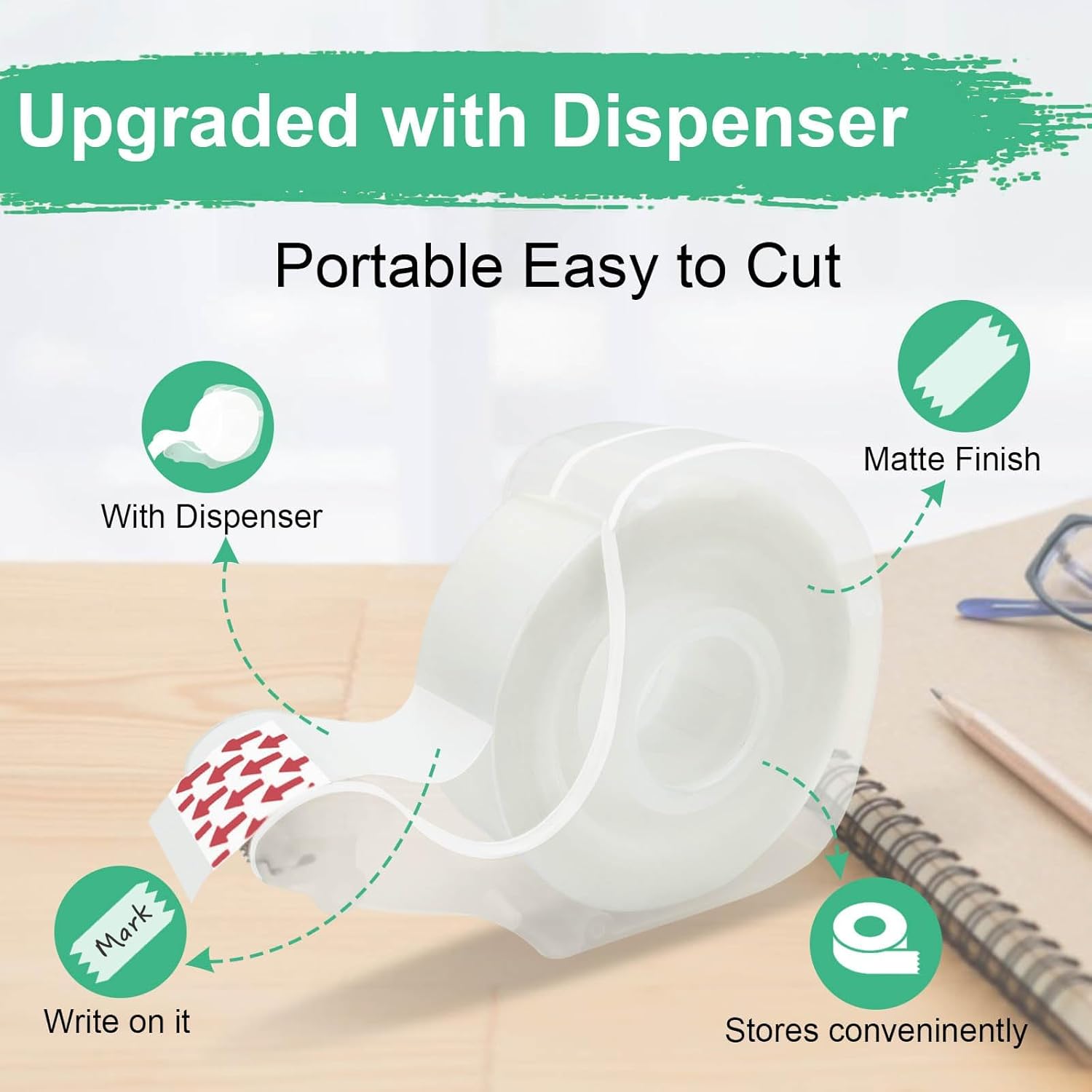 Tape, Invisible Tape for Gift Wrapping, 6 Rolls+6 Refillable Dispensers, Matte Finish, Writable, 3/4″x 650″, Clear Tapes for Christmas Wrapping Paper, Office&School Supplies
