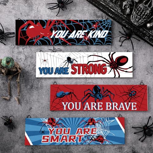 Geetery 4 Pcs Spider Room Decor Bedroom Boys Wall Decor Inspirational Wall Decoration Wooden Art Prints for Boys Kids Children Home Indoor Decoration Toddler Room Sign Birthday Gifts