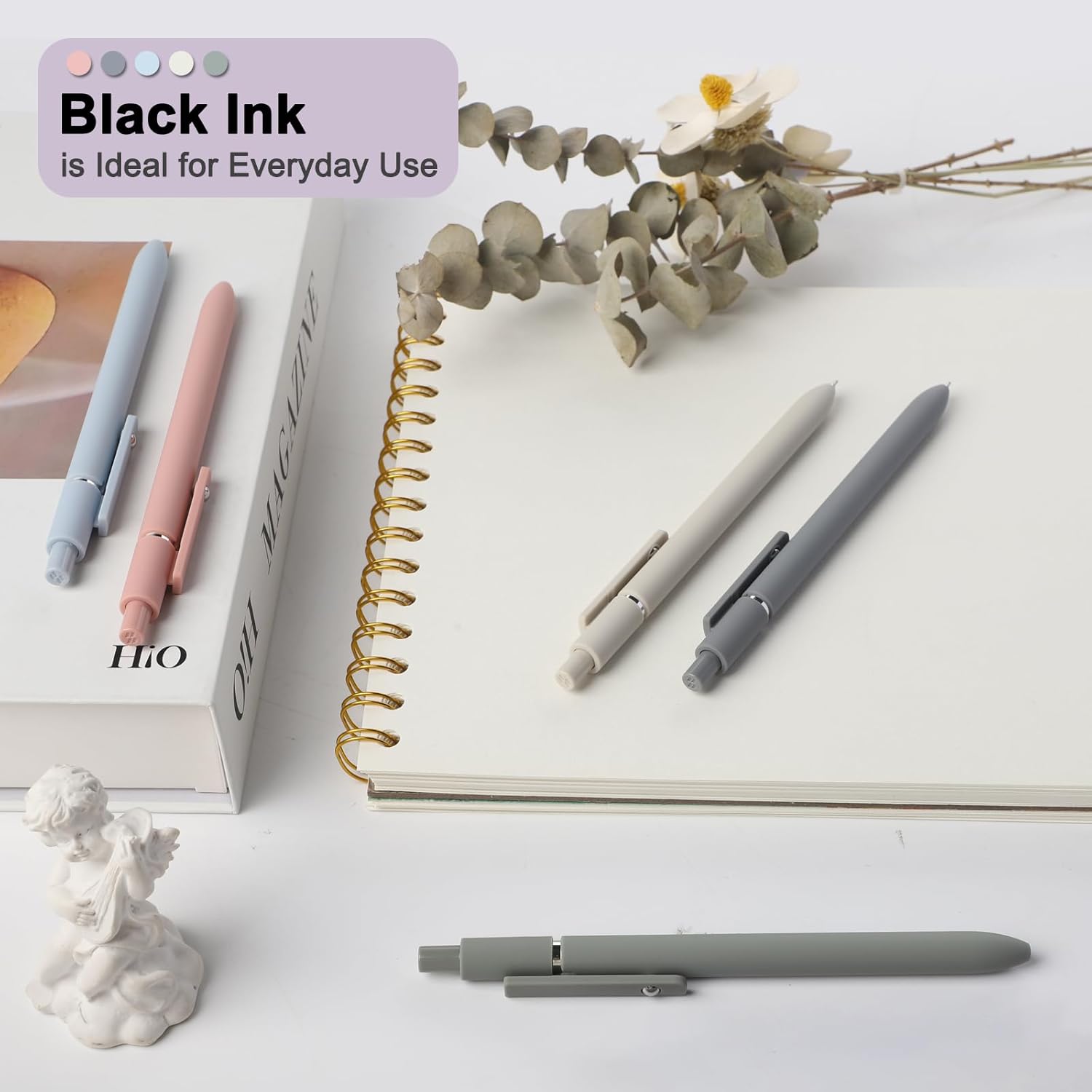 FIOVER 5pcs Gel Pens Quick Dry Ink Pens Fine Point Premium Retractable Rolling Ball Gel Pens Black Ink Smooth Writing for School Office Home