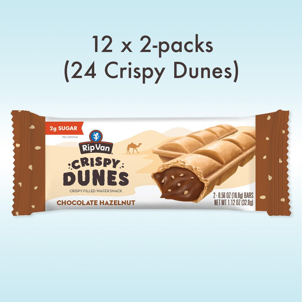 Rip Van Crispy Dunes Vegan Chocolate Hazelnut Wafer Sticks – Low-Calorie Keto Snack with Hazelnut Cream Filling, 90 Calories, Non-GMO, Prebiotic Fiber - 12 Pack