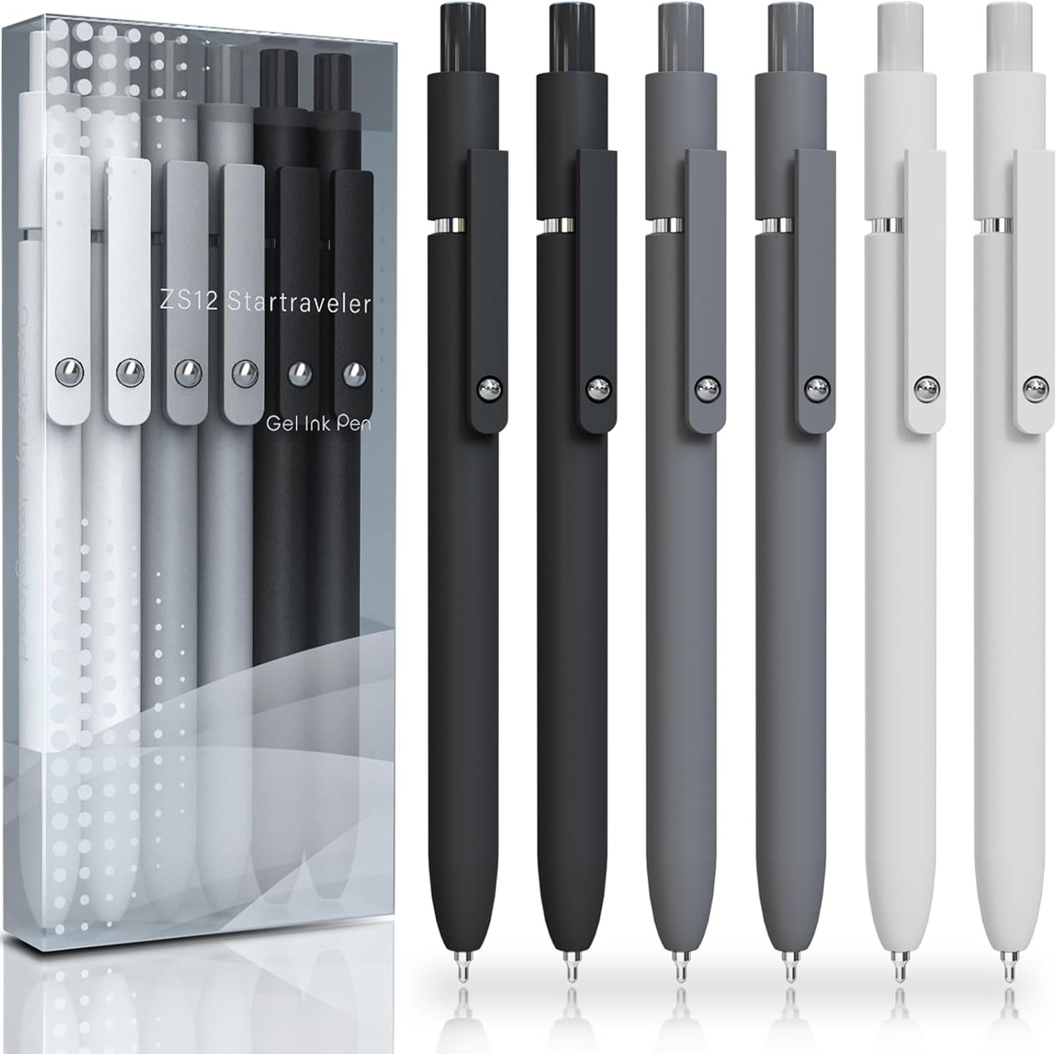 Gel Pens, 6 Pcs 0.5mm Fine Point Black Ink Pen With Smooth Writing, Office Desk Accessories, Writing Supplies Gifts for Men Women, Quick Dry Pens Ballpoint For Journaling, Black/Gray/White